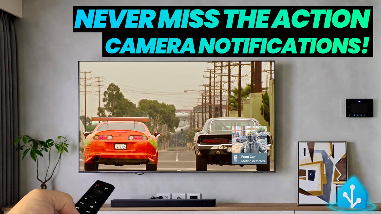 A wall-mounted TV playing a film with a live front door camera feed popped up in the corner