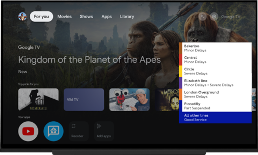 TfL tube line status listed down the side of the Google TV home screen