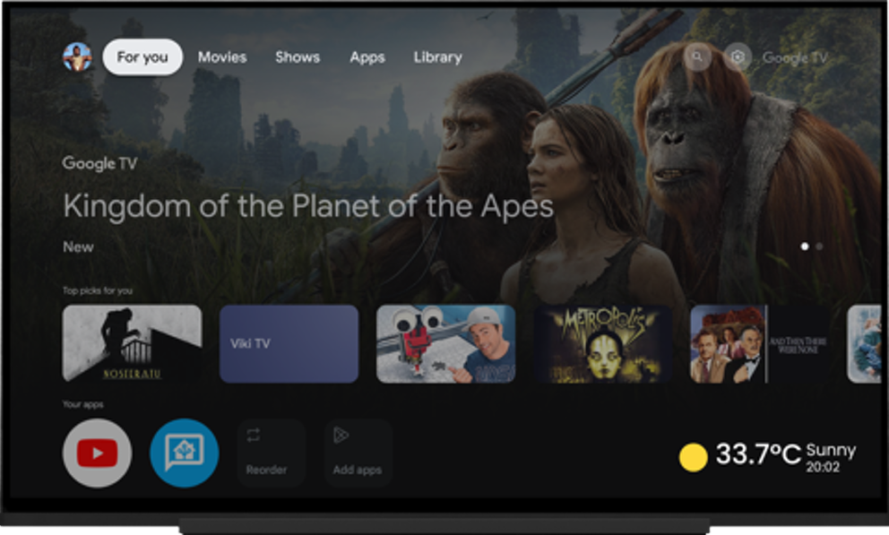 Current temperature and time shown in the corner of the Google TV home screen